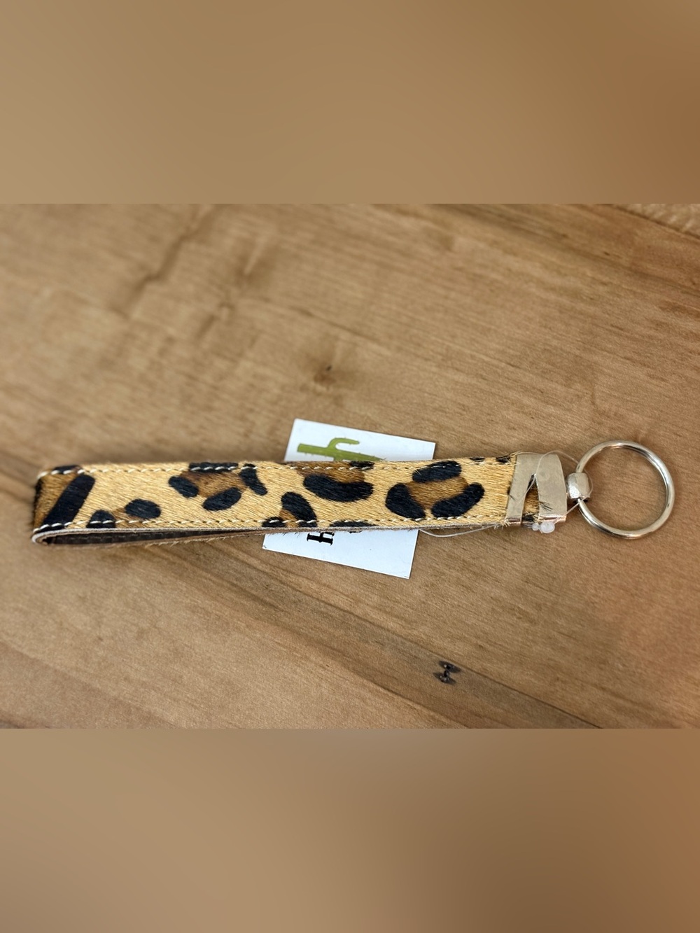 Leopard Print Leather Strap Keychain - Beige and Black